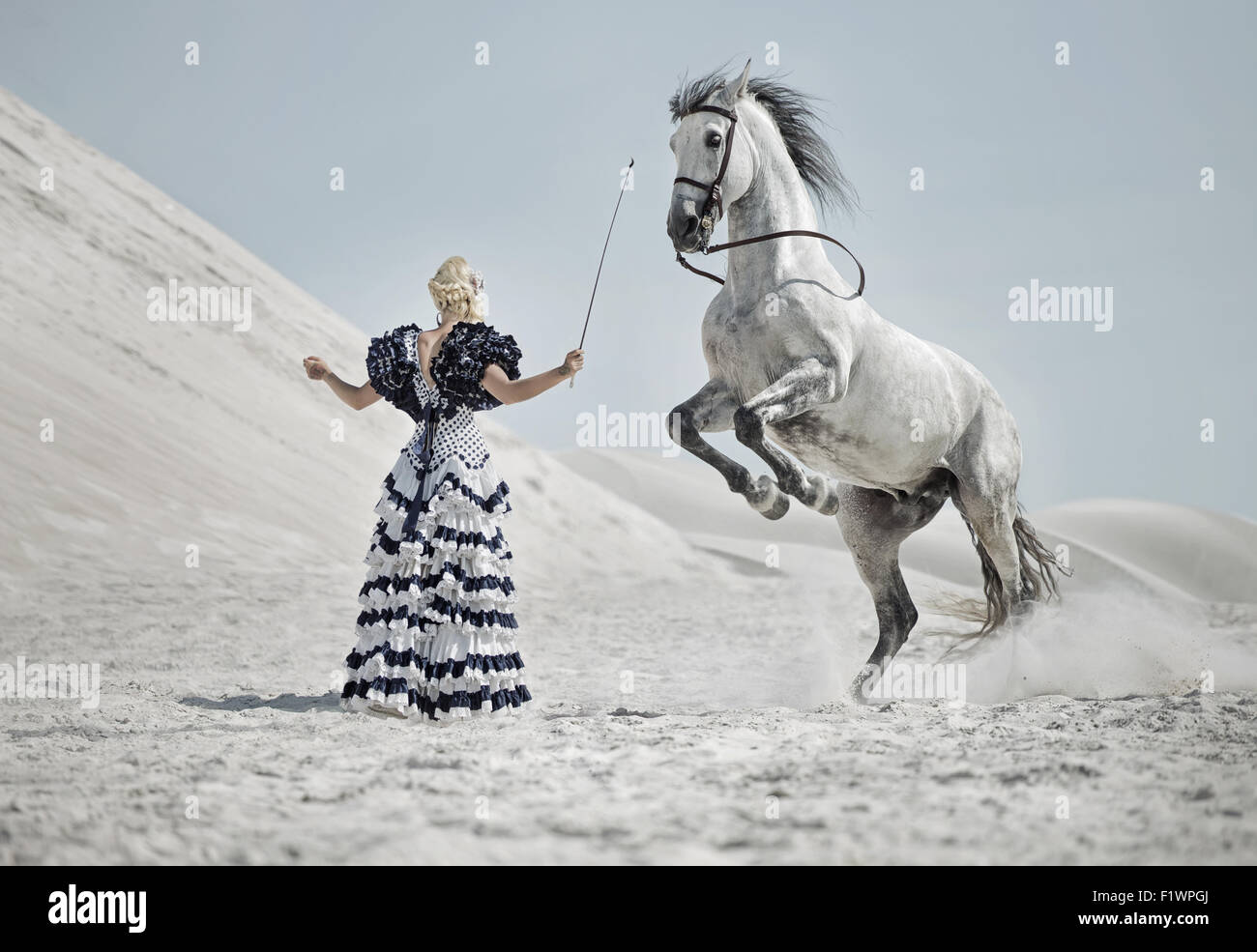 Alluring blonde training the horse Stock Photo