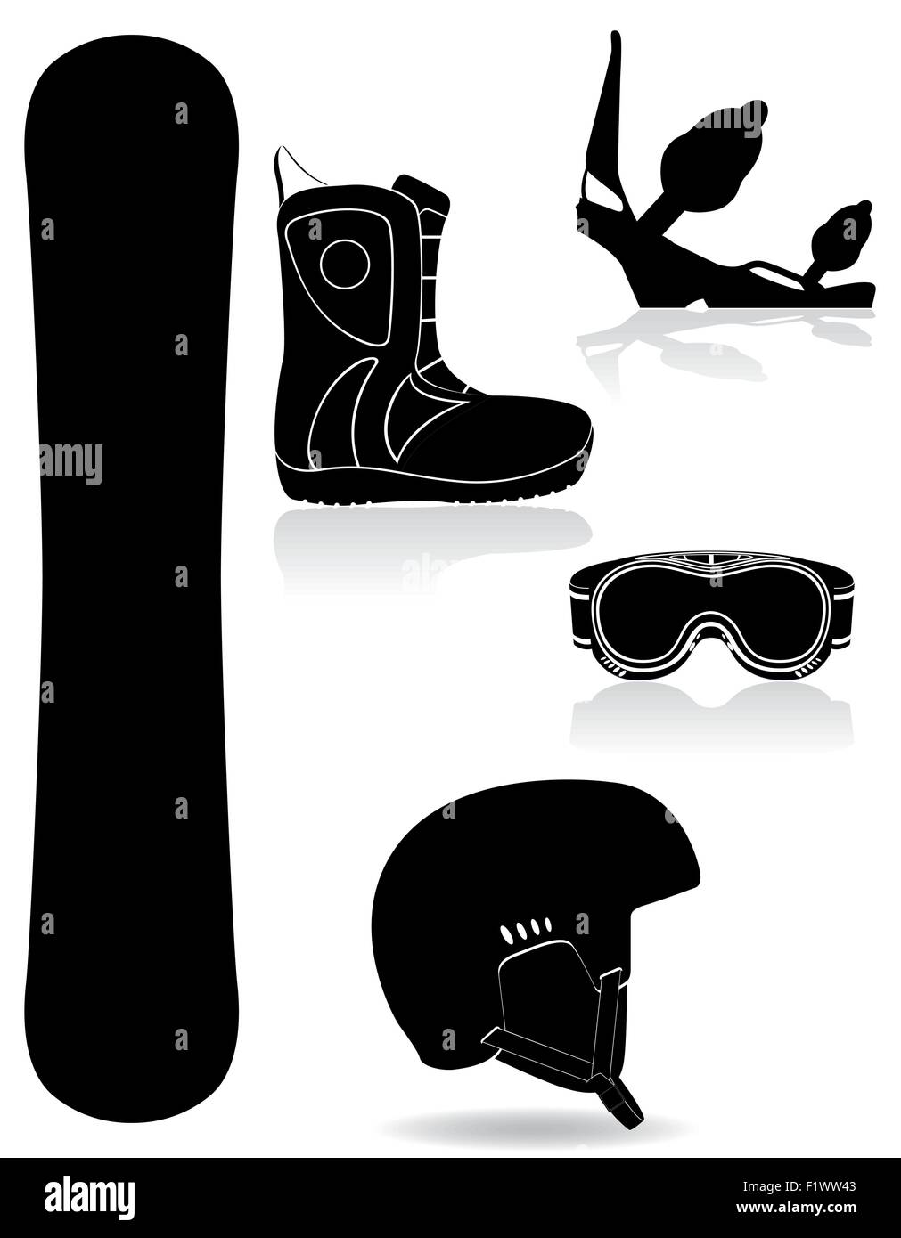set icons equipment for snowboarding black silhouette vector ...