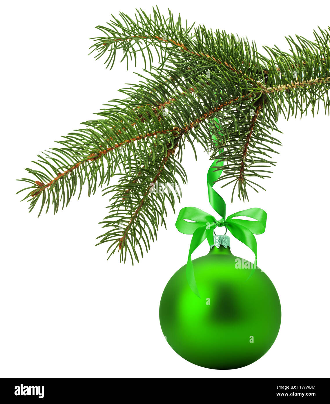 Christmas tree branch with green ball isolated on the white background. Stock Photo