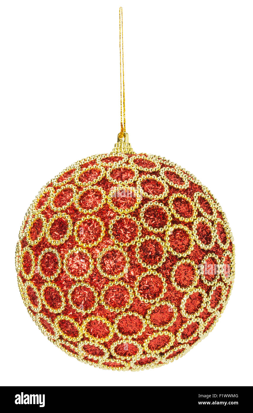 Christmas red ball with golden ornament isolated on the white background. Stock Photo