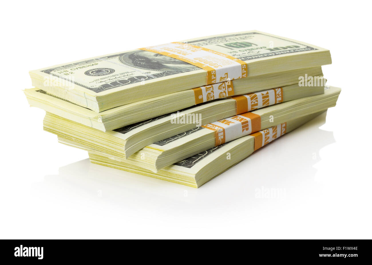 stacks of US dollars bundle isolated on the white background. Stock Photo