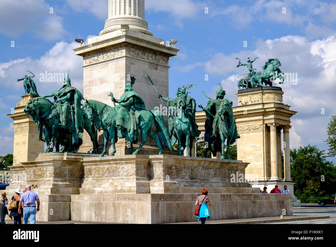 Millennium Monument, Heroes Square, Budapest, Hungary Europe. Statues of seven mounted Magyar chieftains around base of column Stock Photo