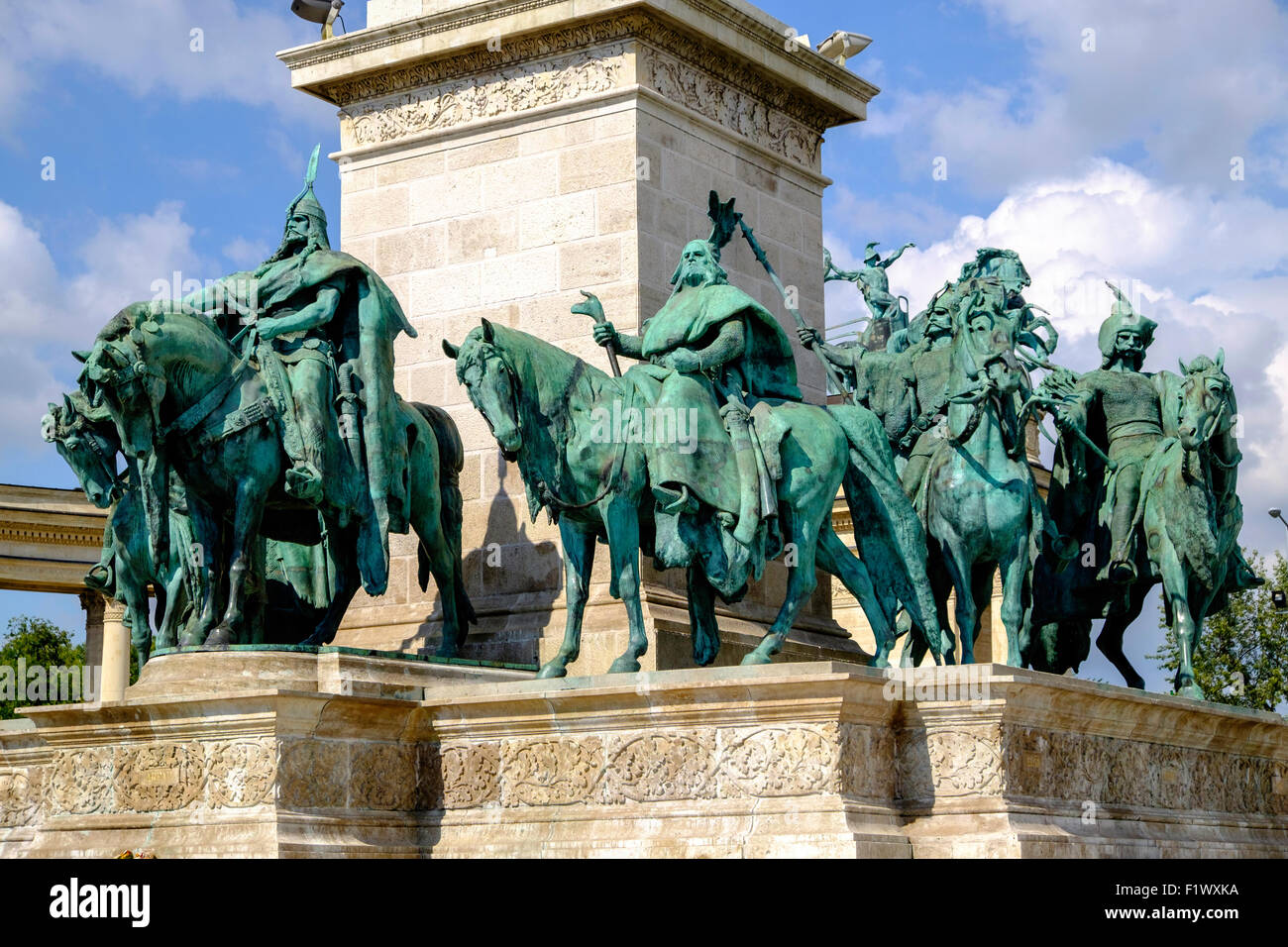 Millennium Monument, Heroes Square, Budapest, Hungary Europe. Statues of seven mounted Magyar chieftains around base of column Stock Photo