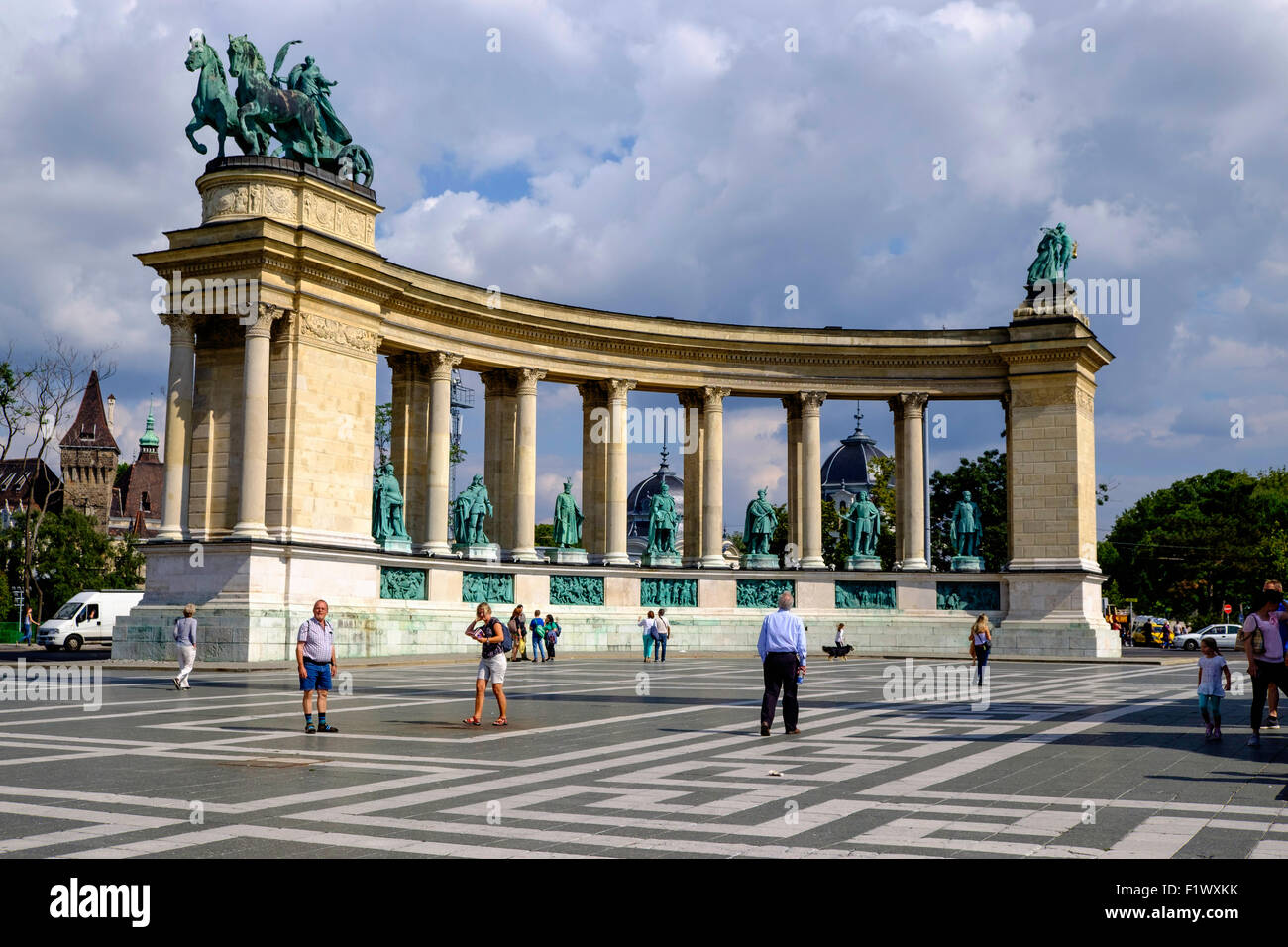 Part of Monument in Heroes Square, Budapest Hungary with tourists