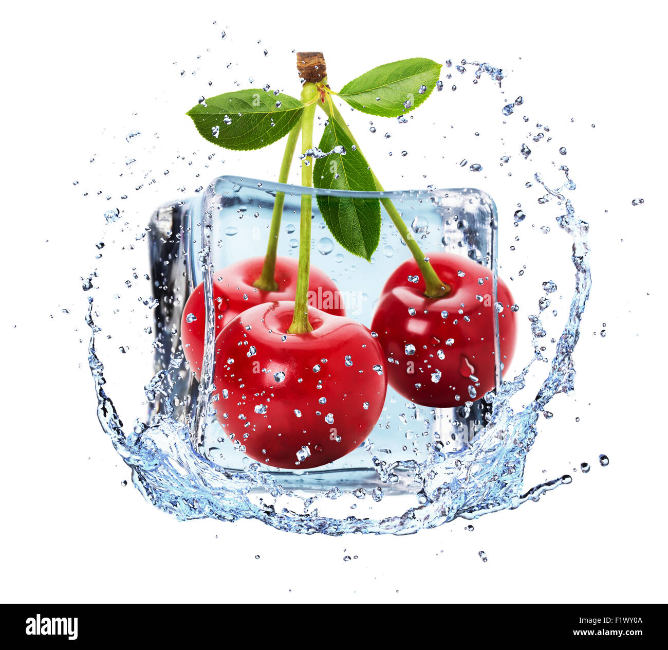 cherries in ice with water splash Stock Photo Alamy