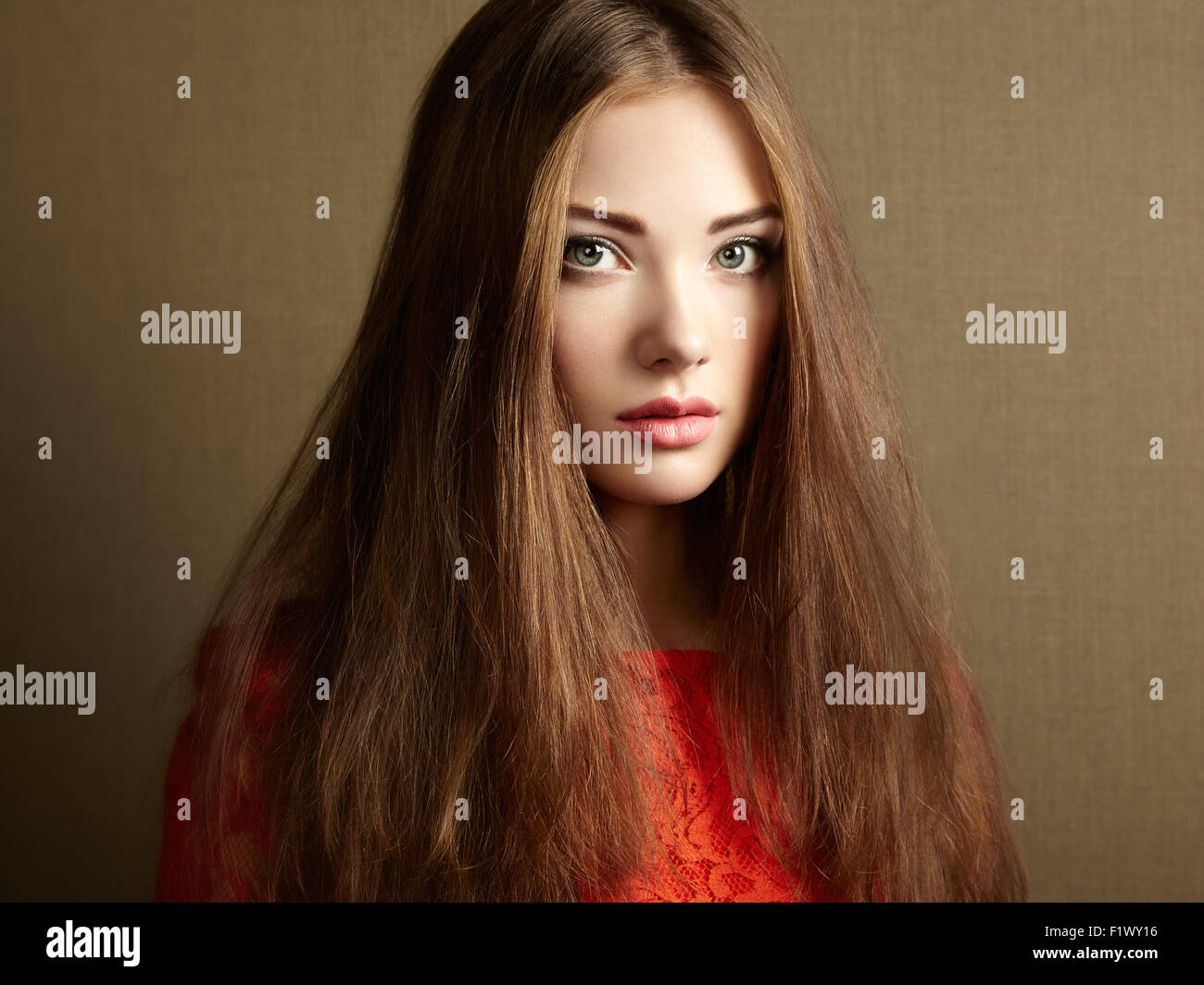 Portrait Of Beautiful Dark Haired Woman Close Up Beauty Photo Stock