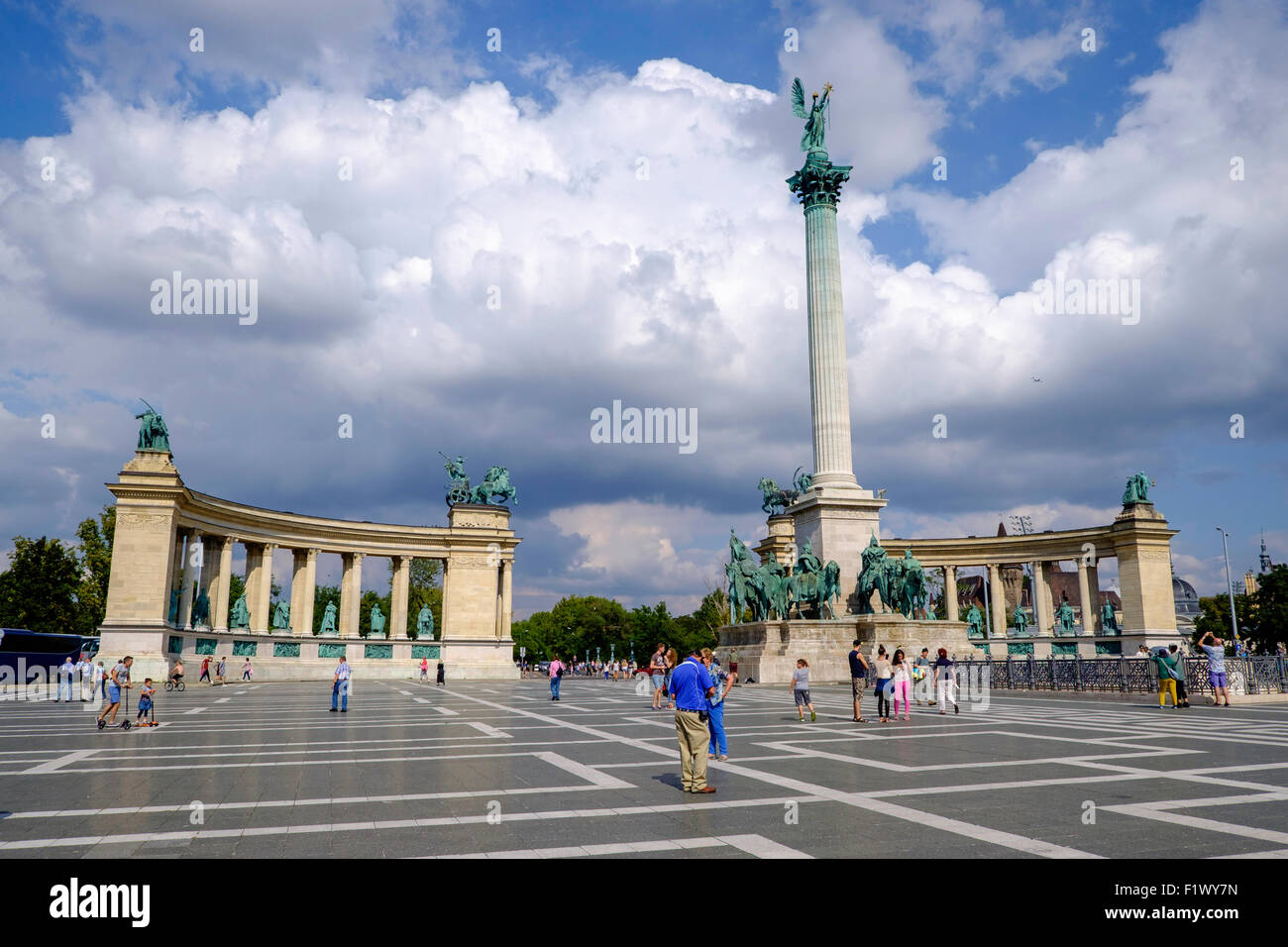 Millennium Monument, Heroes Square, Budapest, Hungary Europe. Statues of Magyar chieftains around base of column Stock Photo