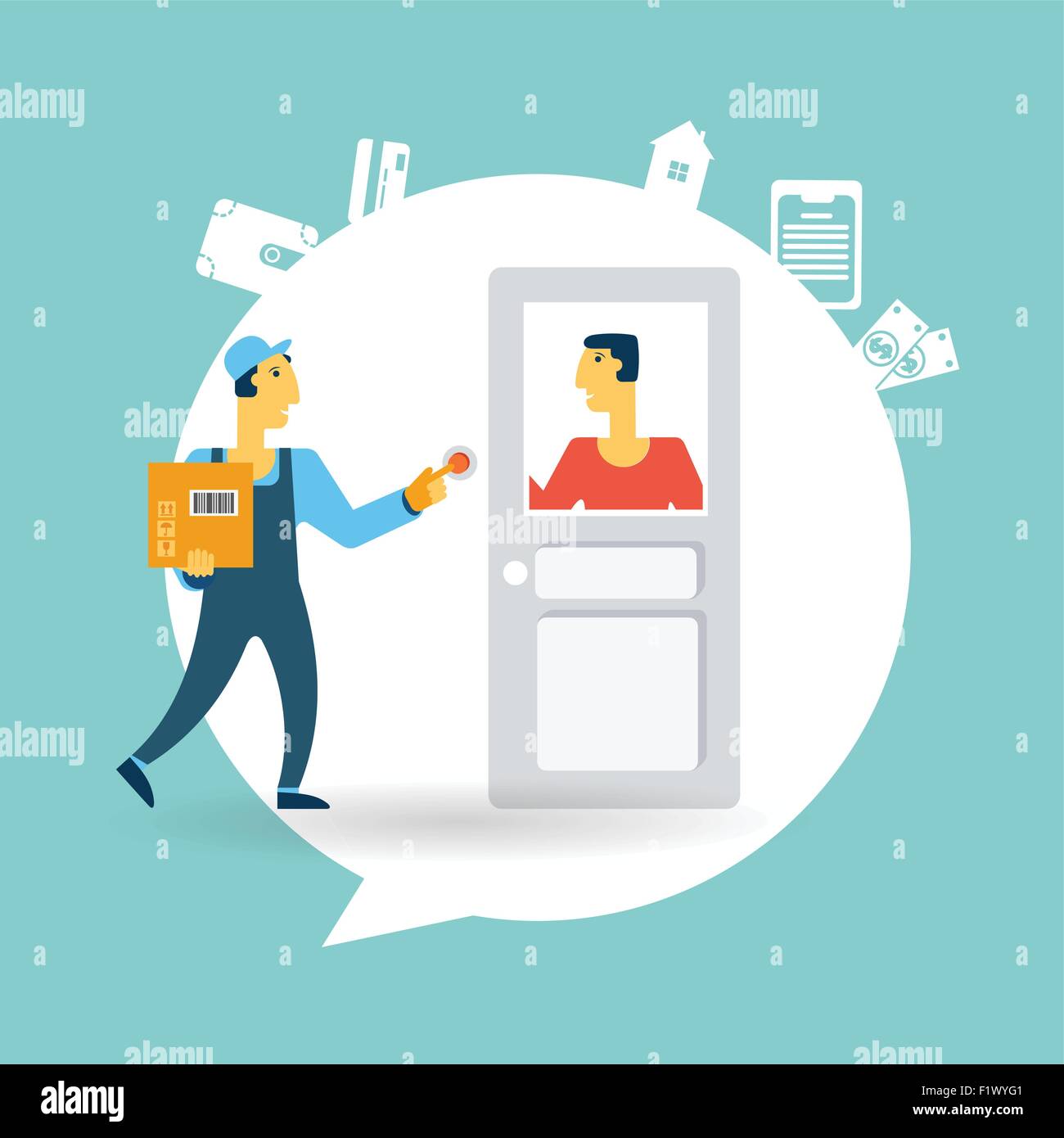courier rings the doorbell icon. Flat modern style vector design Stock Vector