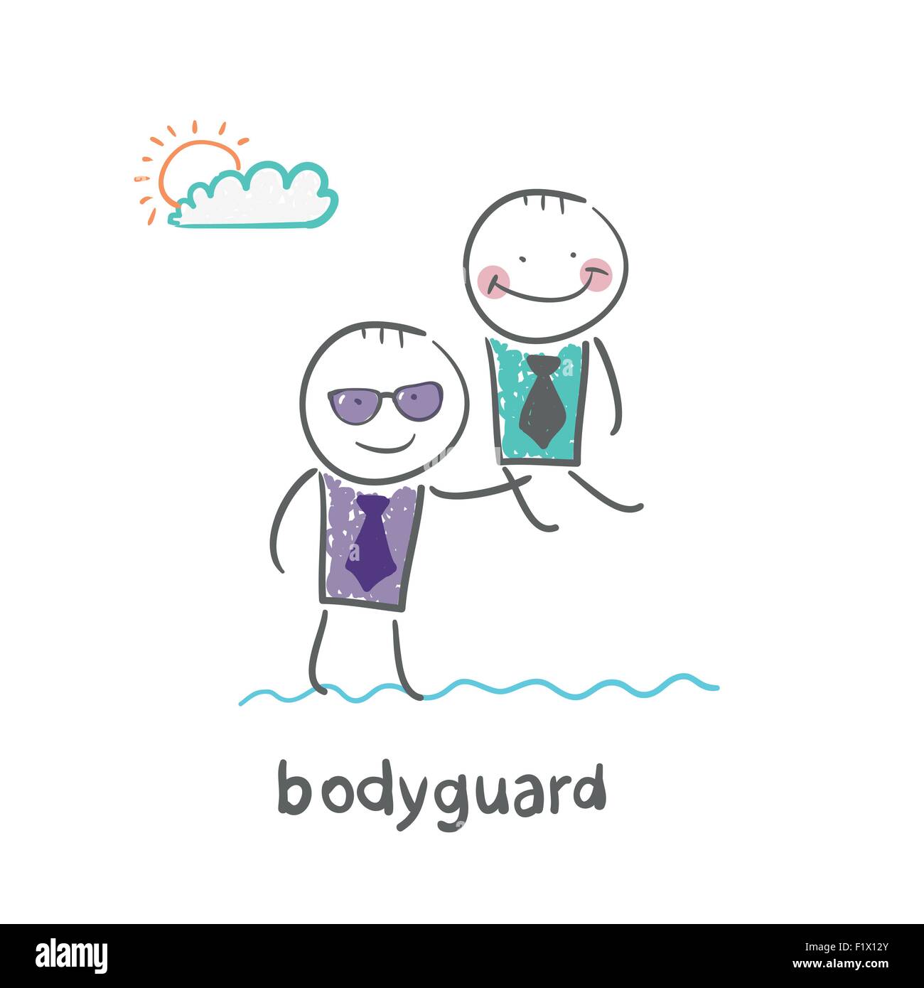 Bodyguard. Fun cartoon style illustration. The situation of life Stock