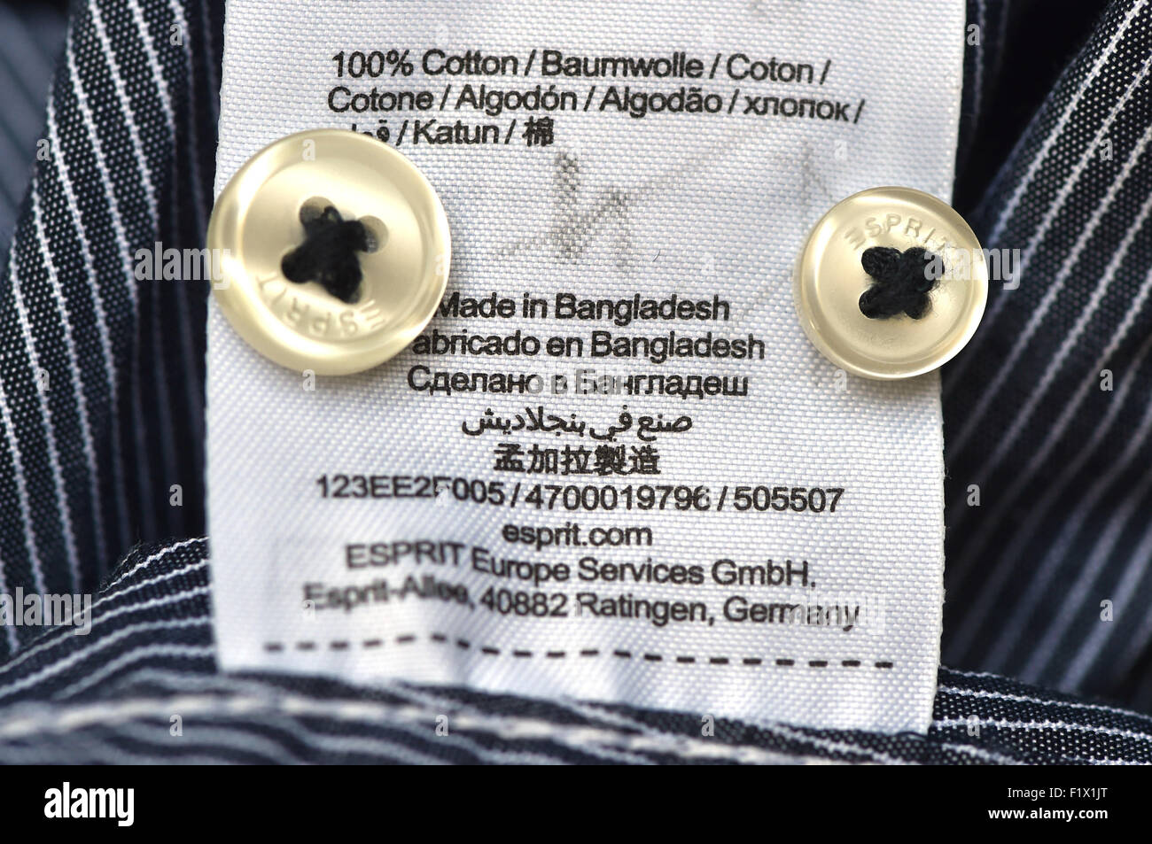 Berlin, Germany. 23rd Aug, 2015. An Esprit label in a garment which says "Made  in Bangladesh" in Berlin, Germany, 23 August 2015. Photo: Jens  Kalaene/dpa/Alamy Live News Stock Photo - Alamy
