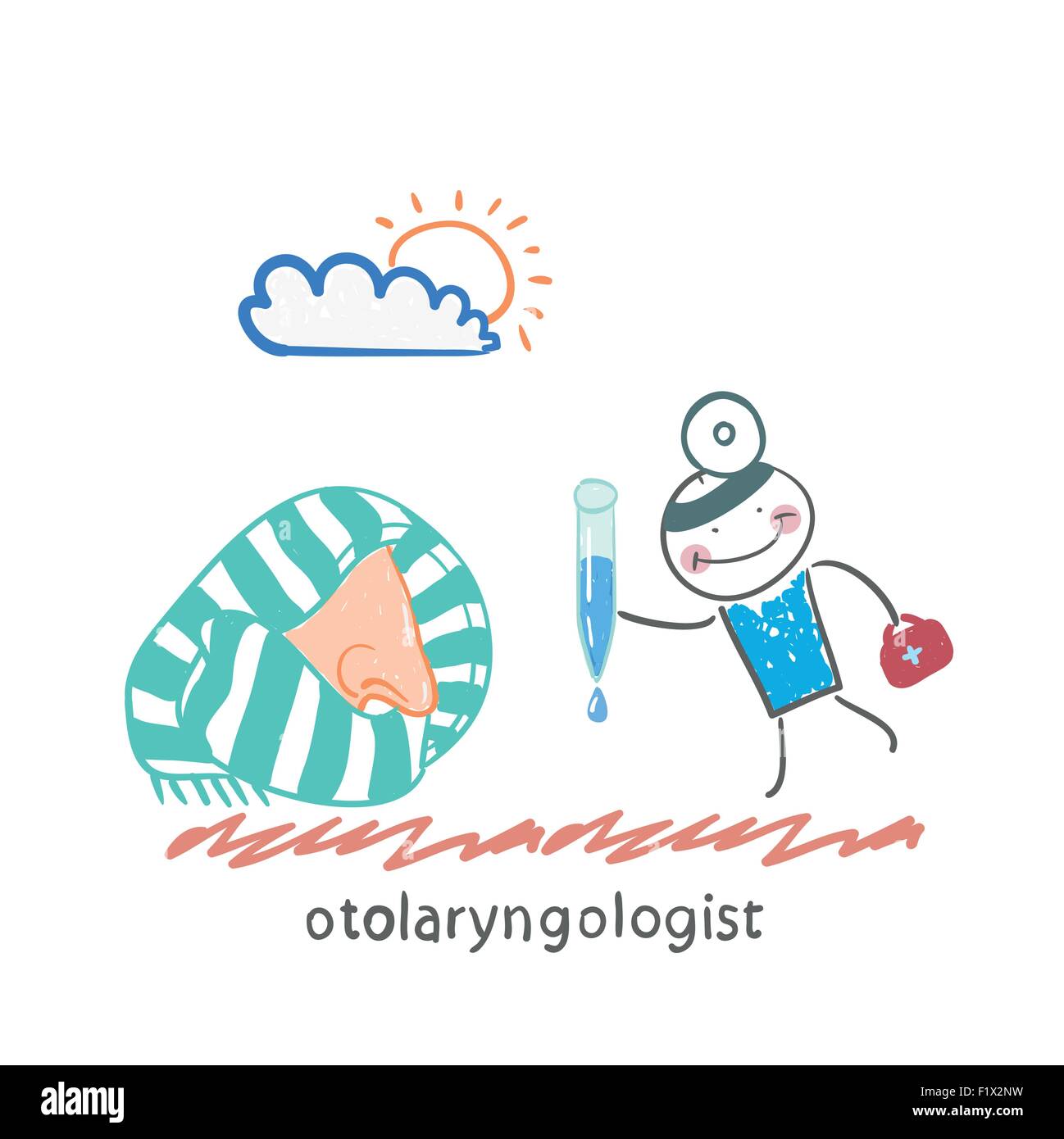 otolaryngologist offers nasal drops. Fun cartoon style illustration. The situation of life. Stock Vector