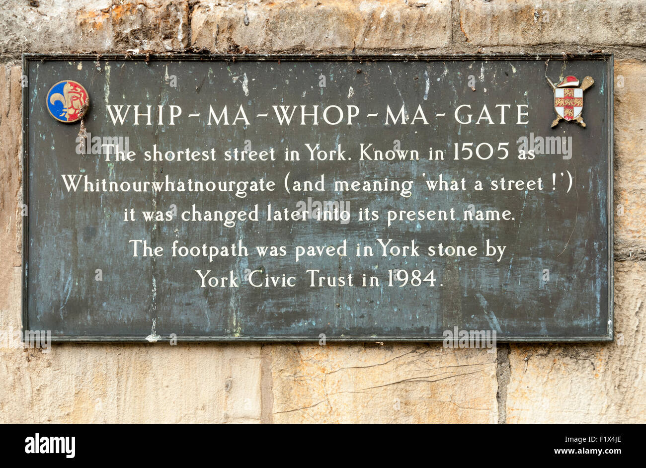 Sign at Whip-Ma-Whop-Ma-Gate, City of York, England, UK.  The shortest street in York. Stock Photo