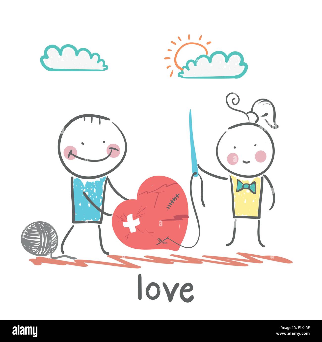 A Girl And A Guy With A Needle And Thread Sewn Heart Stock Vector Image 