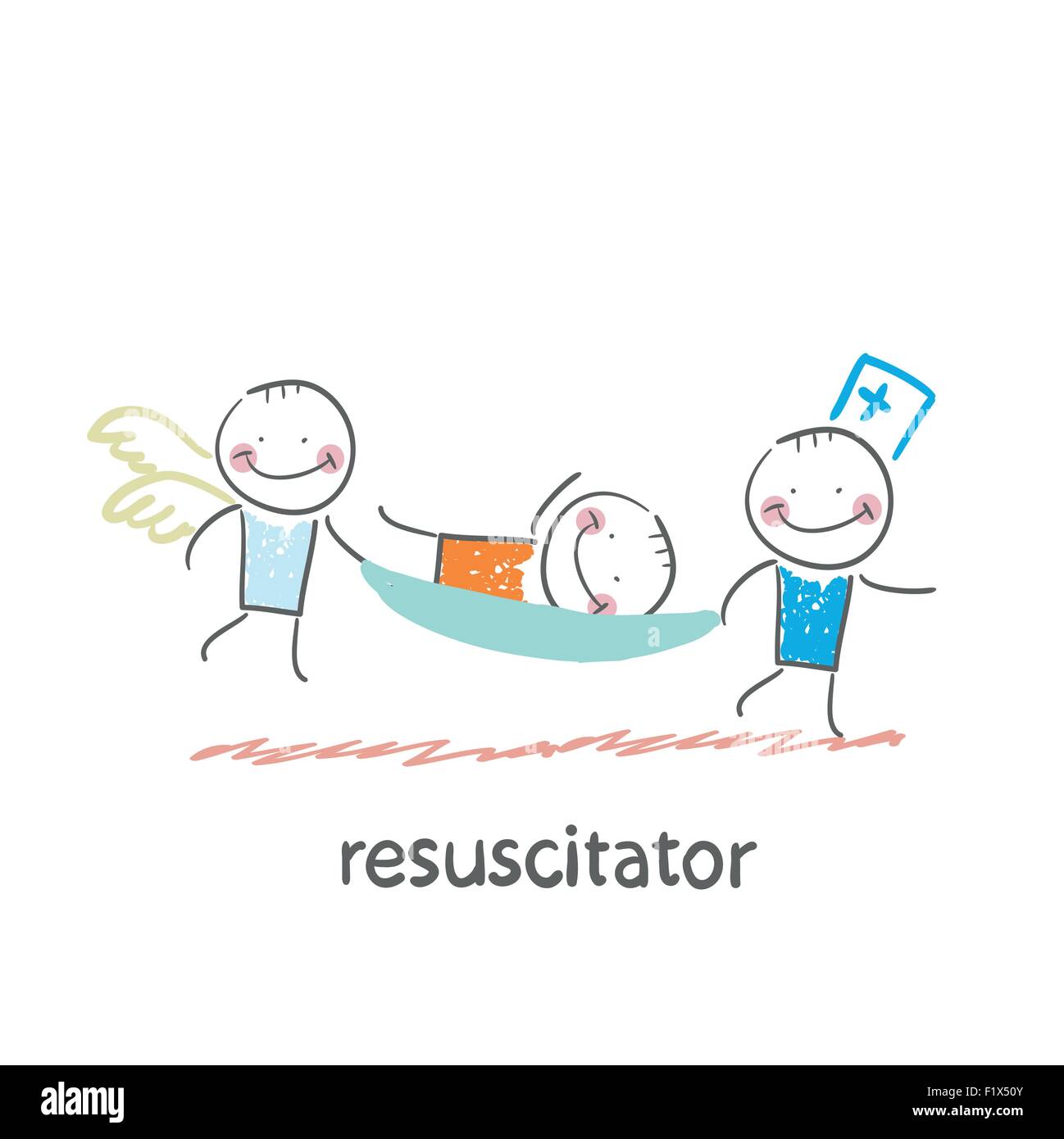 Cartoon Rescus Struts resuscitator carry on a stretcher patient. Fun cartoon style ...