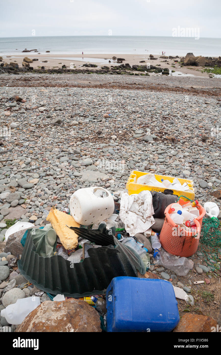 Plastic rubbish / refuse that has been collected / sorted on the beach at Porth Ysgo, Llanfaelrhys, Aberdaron, Llyn Peninsula Stock Photo