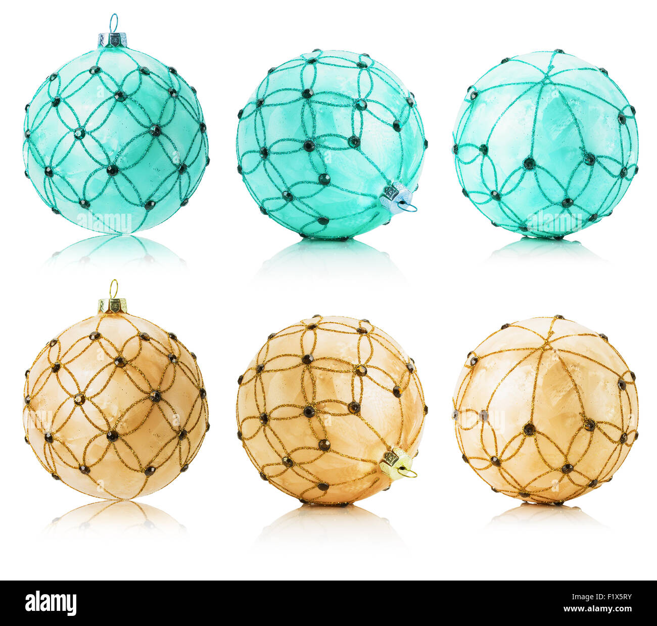 set of beige and turquoise Christmas balls isolated on the white background. Stock Photo