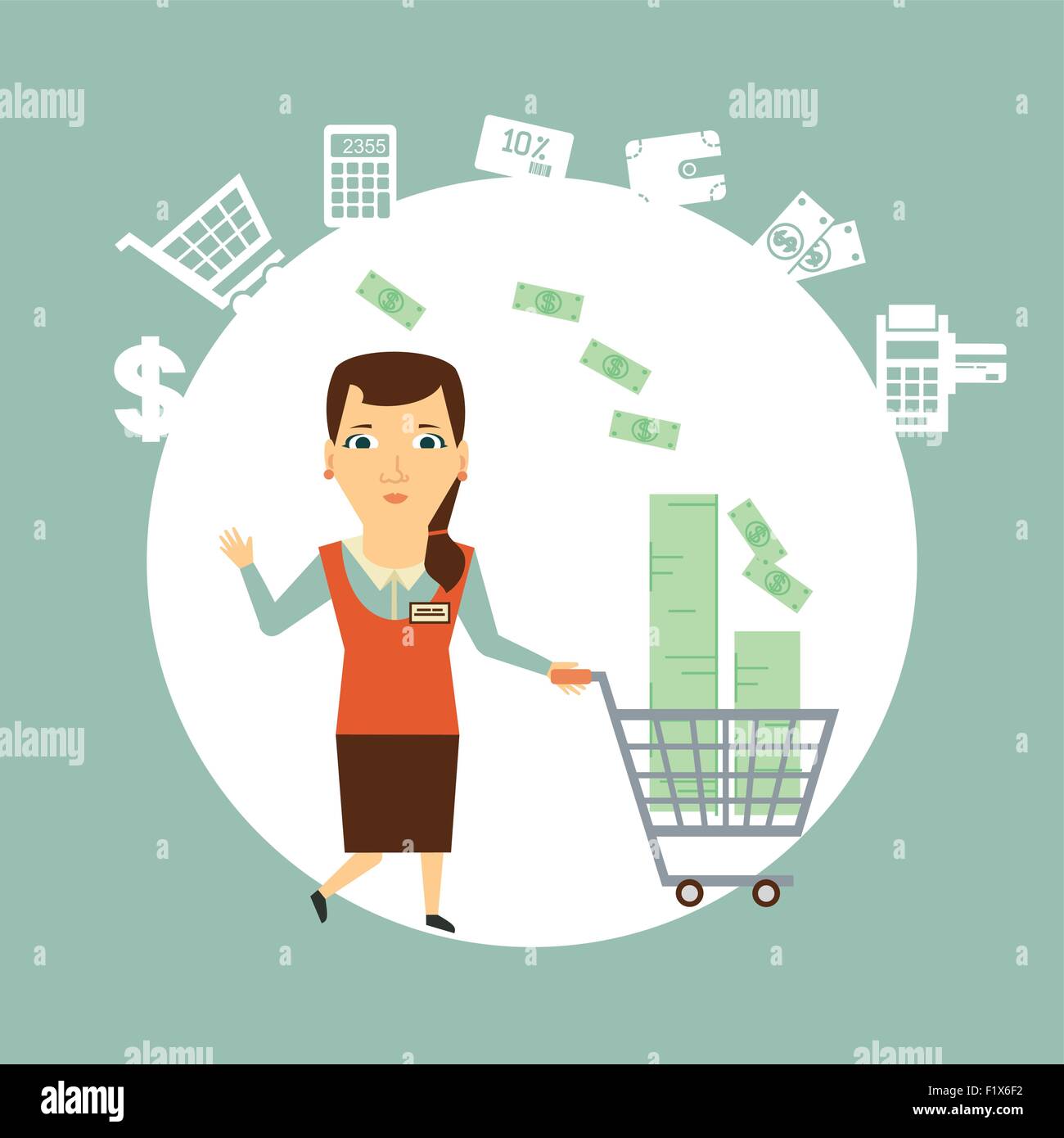 salesman carries the cart with money  illustration Stock Vector