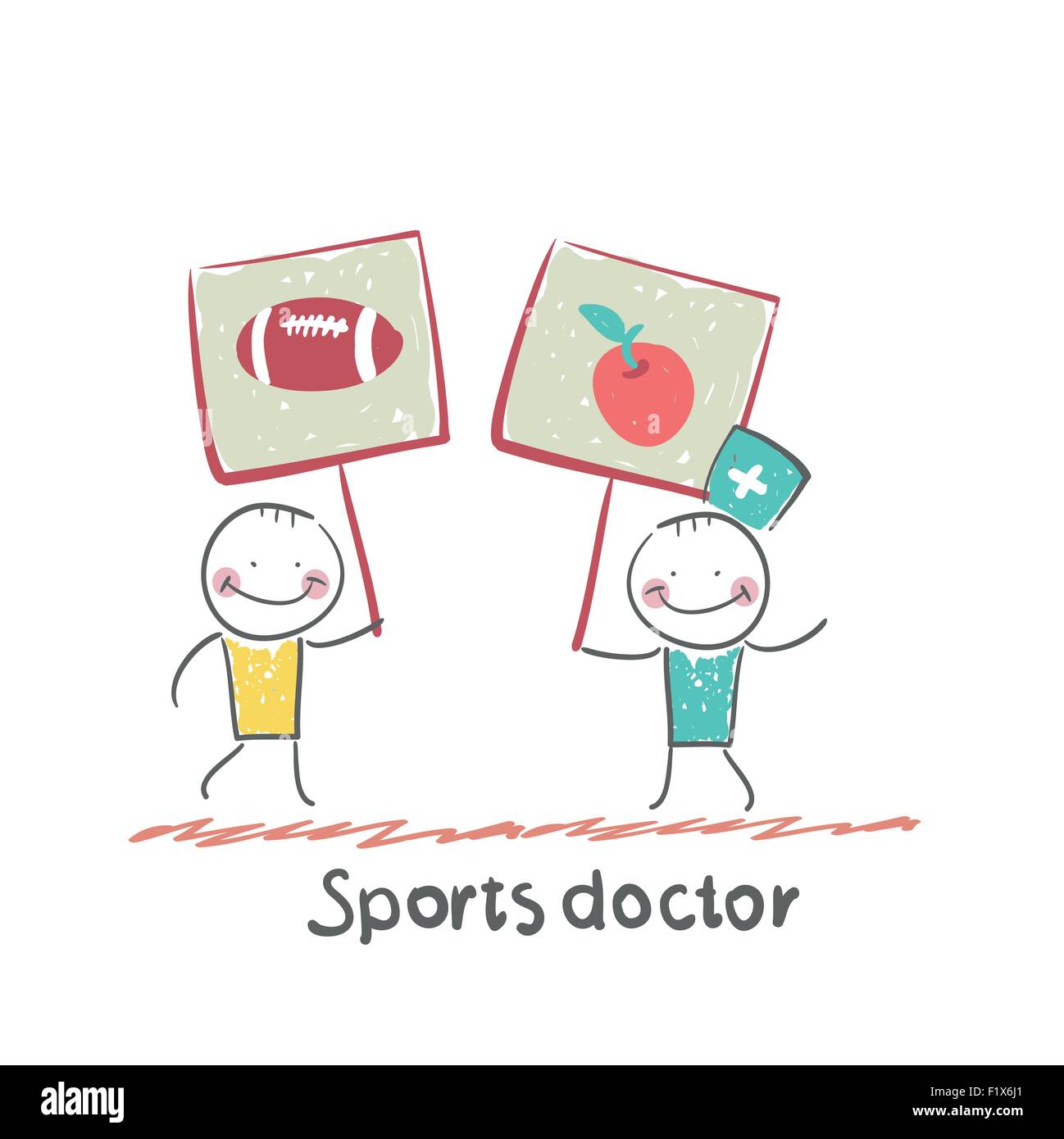 Sports doctor holds a banner with a painted apple and next man holds a poster with a soccer Ball Stock Vector
