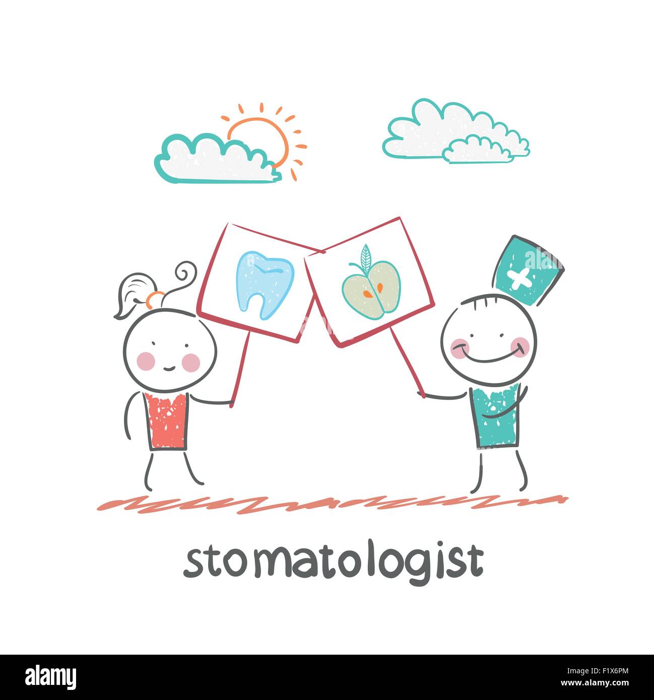stomatologist holding a poster with the apple and the next man holds a poster with a tooth Stock Vector