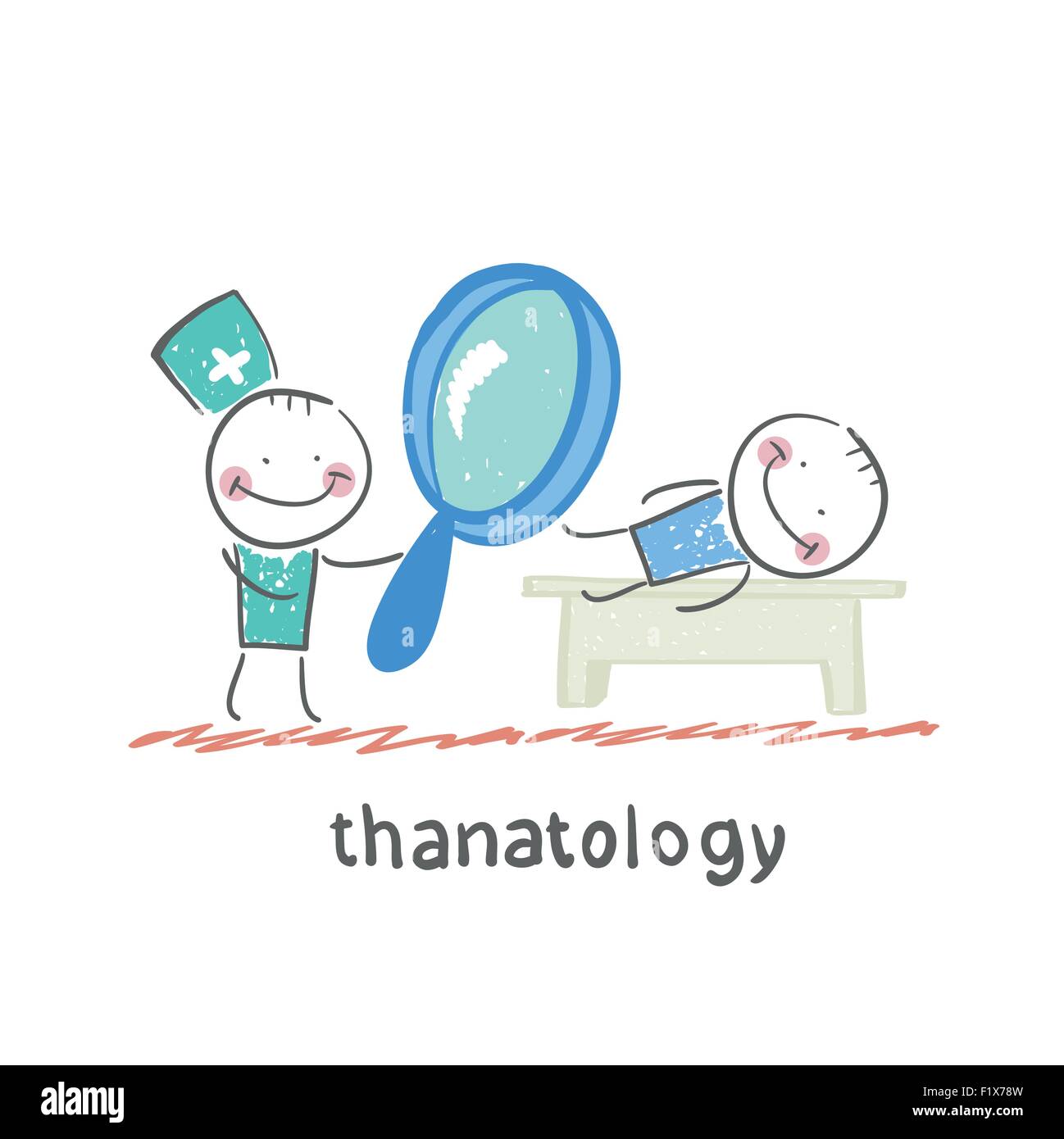 thanatology  studies the dead man. Fun cartoon style illustration. The situation of life. Stock Vector