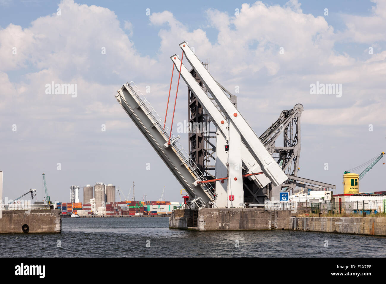 Automatic movable bridge at the harbor of Antwerp Stock Photo