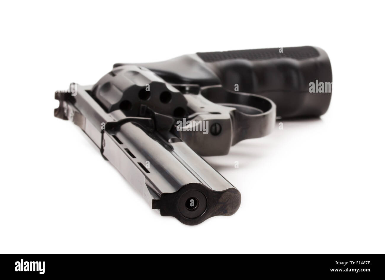 black revolver on the white background. Stock Photo