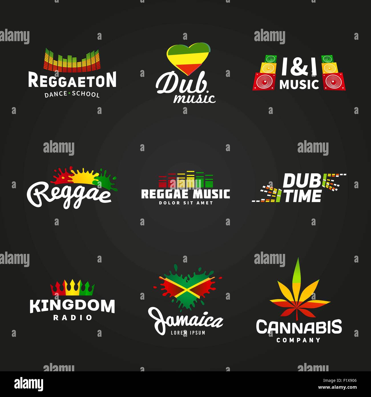 Set of africa flag logo design. Jamaica music vector template. Colorful dub time company concept on dark background Stock Vector