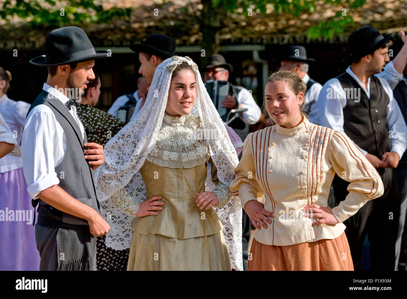 members of a folkdancing troupe in traditional regional Algarve costumes at Alte, Algarve, Portugal Stock Photo