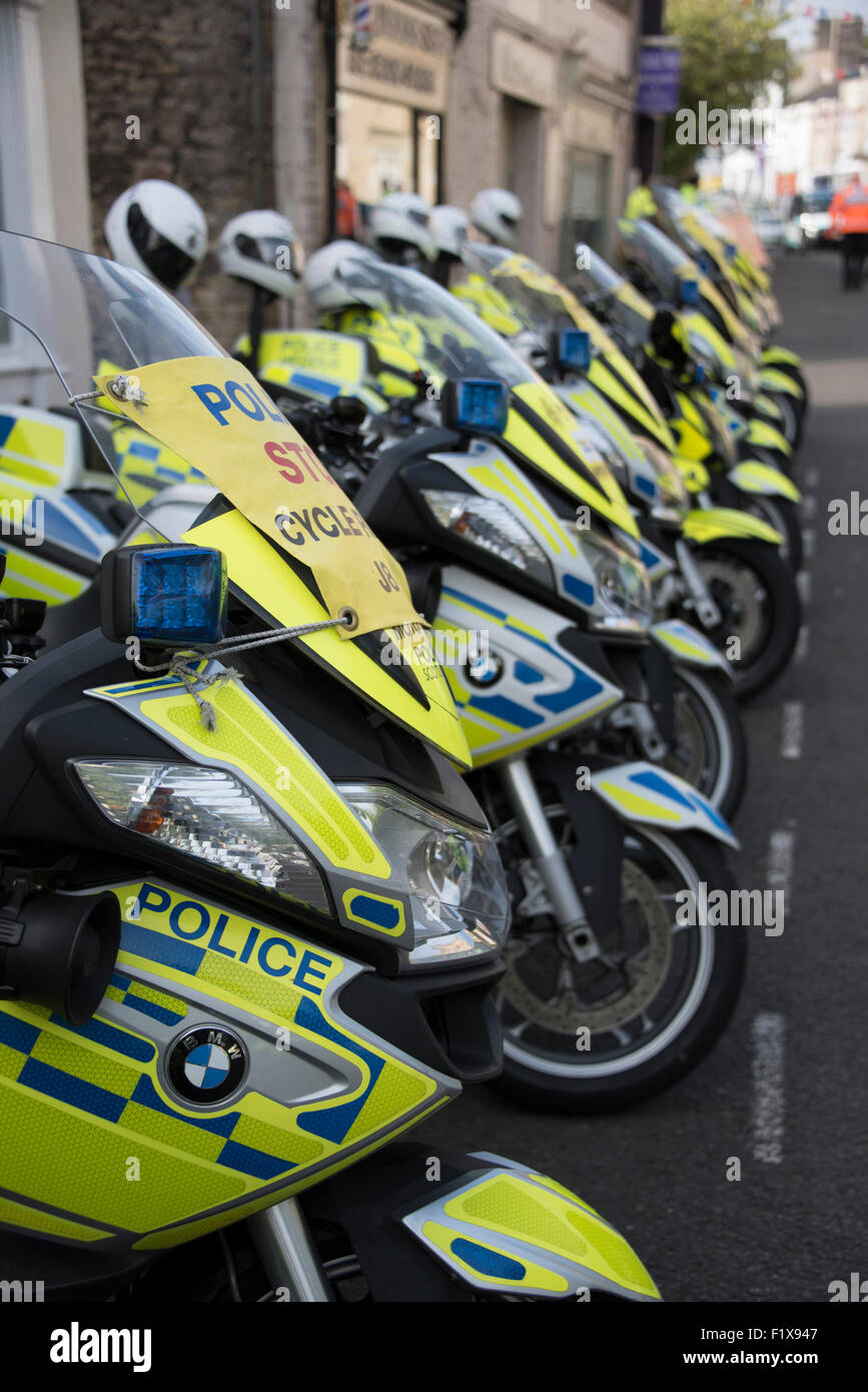 National Police Motorcycle Escort Group on the 2015 Aviva Tour of Britain cycle race in Clitheroe, Lancashire. Stock Photo