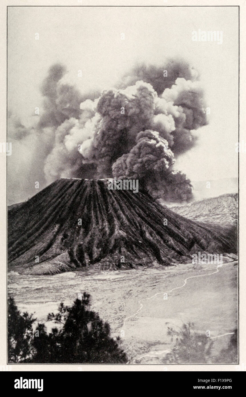 'The volcano of Bromo, Eastern Java, in eruption' circa 1920. See description for more information. Stock Photo