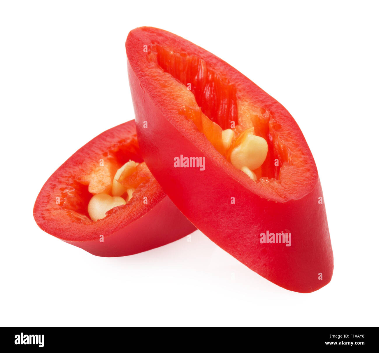 slices of red chilly pepper isolated on the white background. Stock Photo