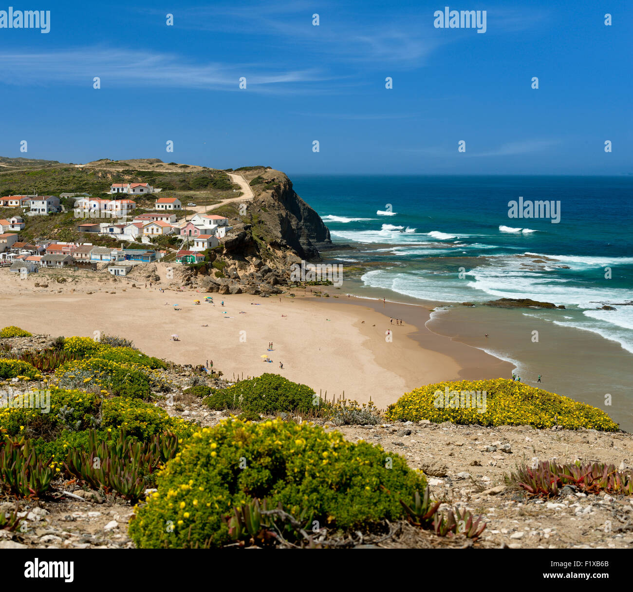 Portugal, the Algarve, the Costa Vicentina, Monte Clérigo village and beach Stock Photo