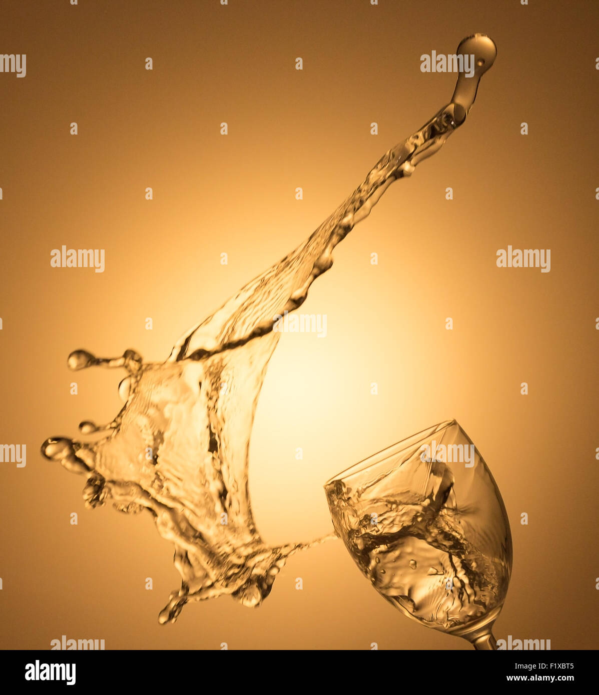 White wine splash on gold background. Stock Photo