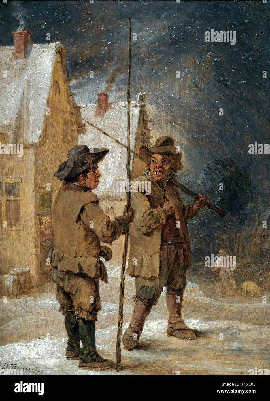 David Teniers the Younger - A Winter scene with two Chimneys Weeps conversing before some Cottages Stock Photo