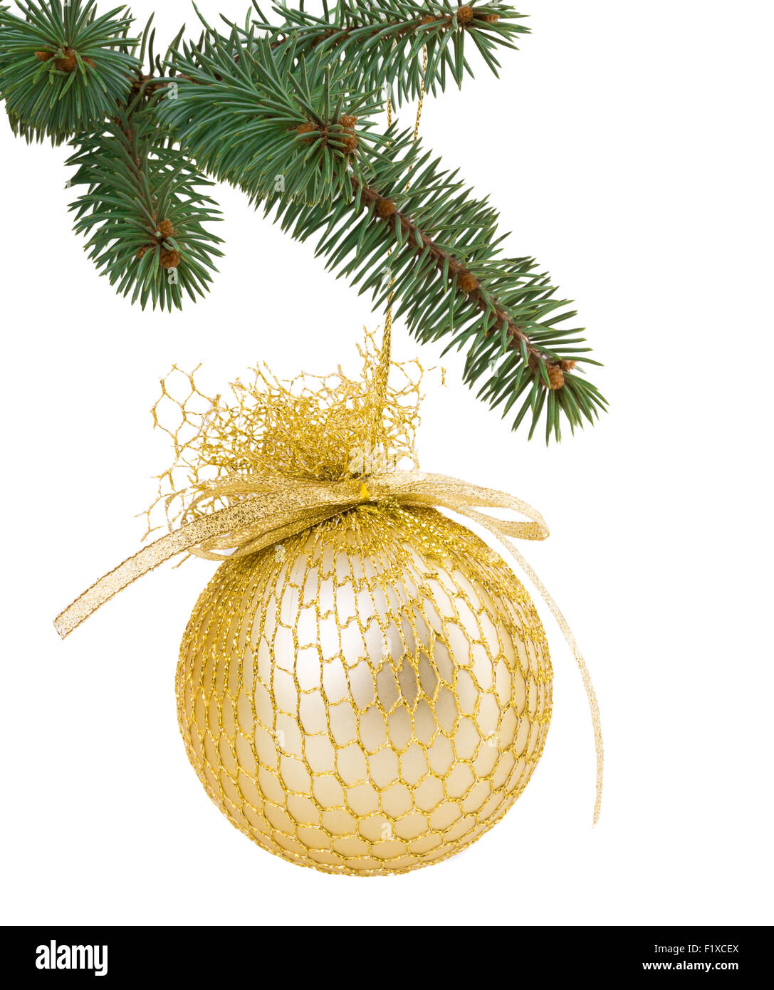 Christmas tree branch with a gold Christmas ball with ribbon. Stock Photo