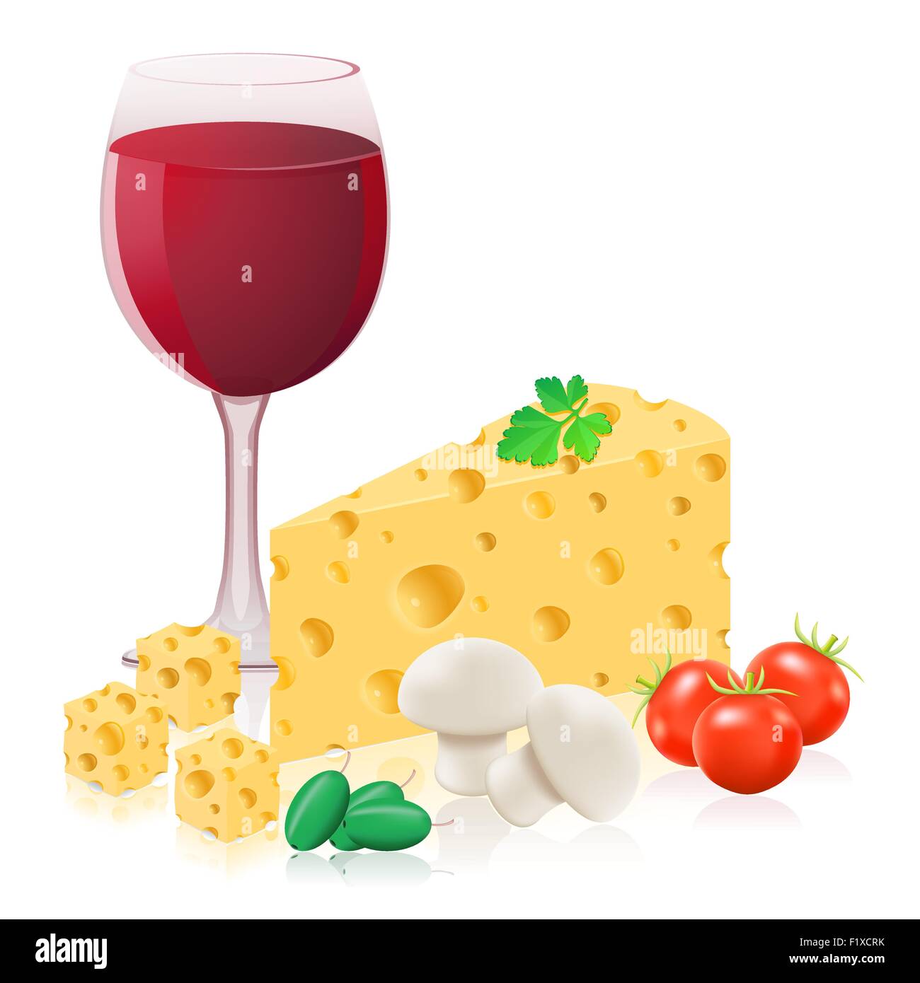 still life with cheese and wine vector illustration isolated on white background Stock Vector