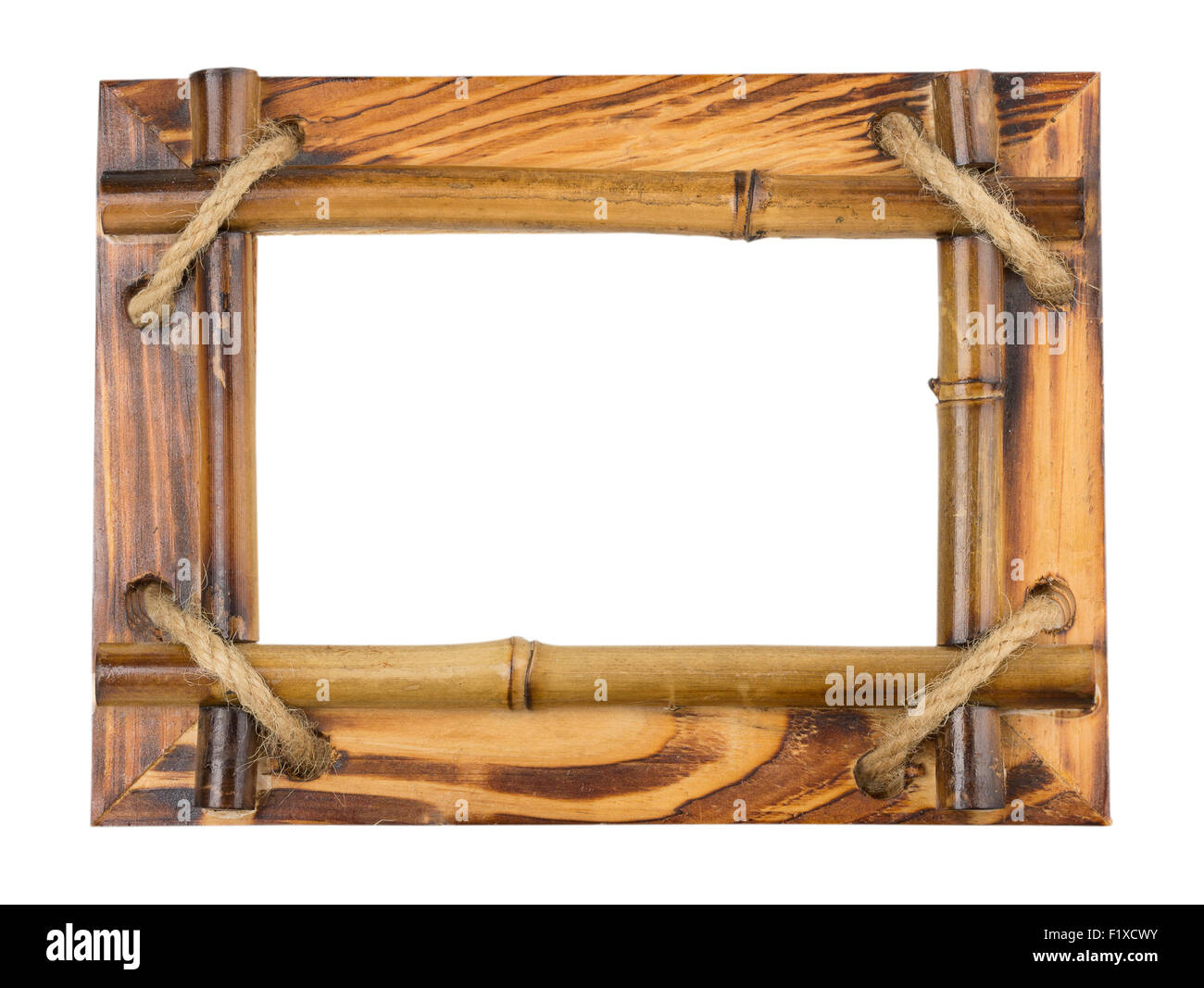 Bamboo frame tied up with rope isolated on white. Stock Photo