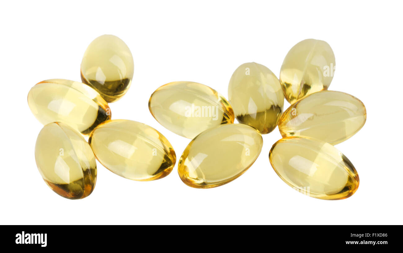 cod liver oil tablets on white background Stock Photo
