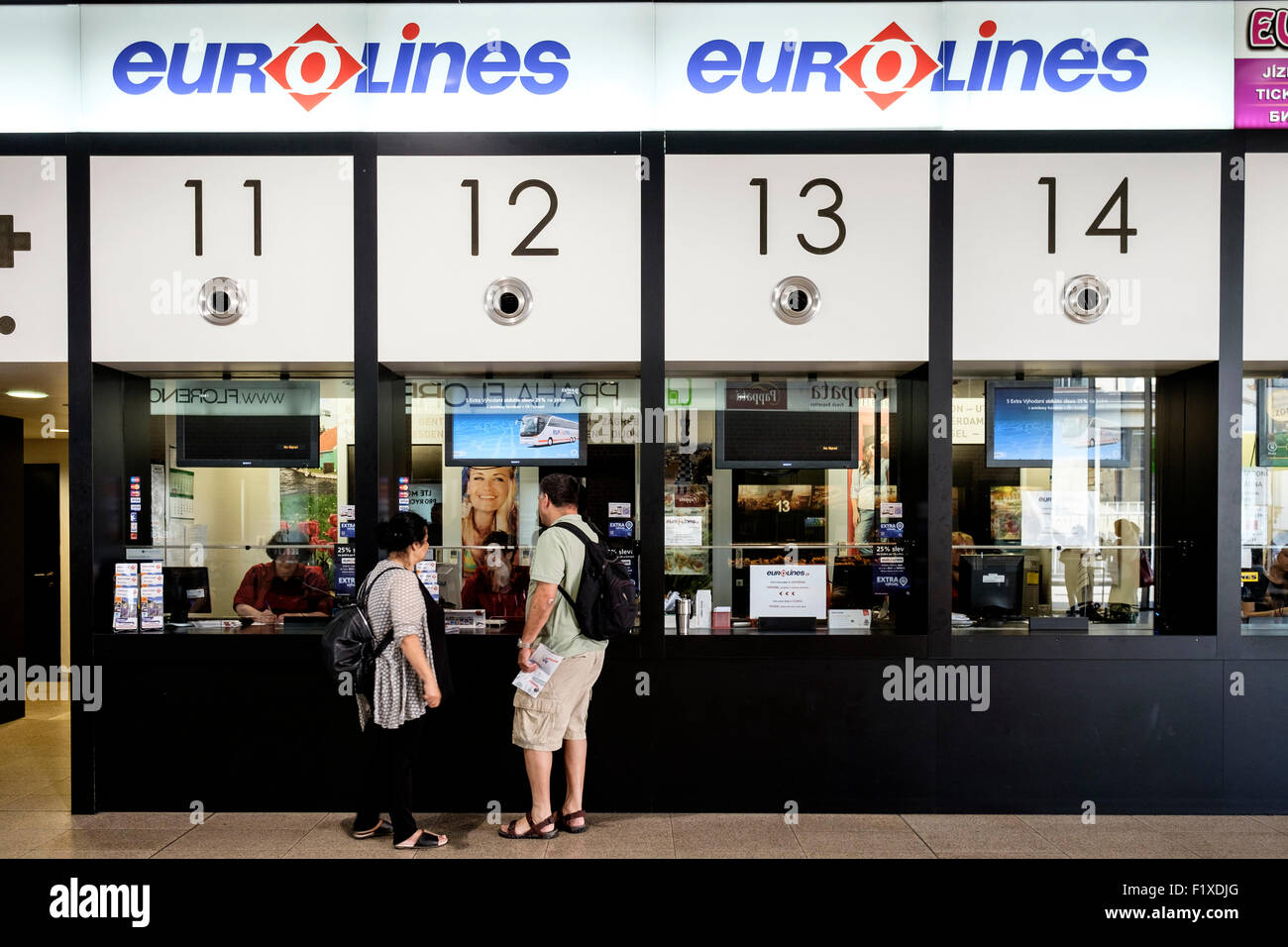 Eurolines bus company sales counters at the Florenc bus station in Prague, Czech Republic Stock Photo
