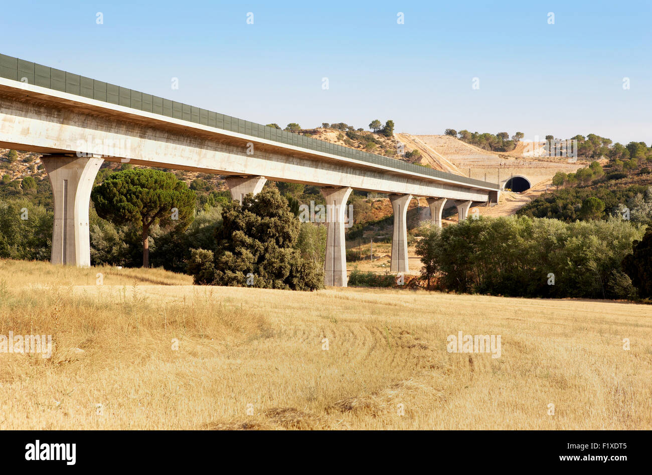 Railway bridge and tunnel under construction in a countryside Stock Photo