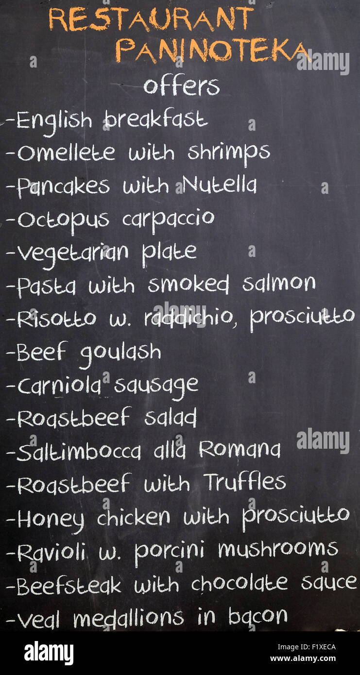 Blackboard with offerings of a restaurant in Ljubljana, Slovenia on June 30, 2015 Stock Photo
