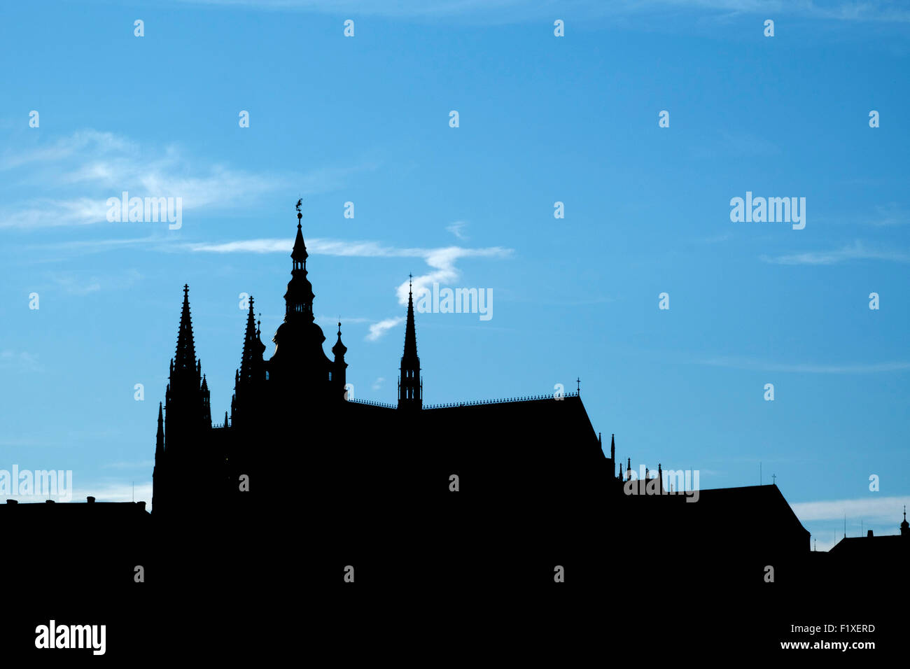 Silhouette of the St. Vitus cathedral in the background, Prague, Czech Republic, Europe Stock Photo