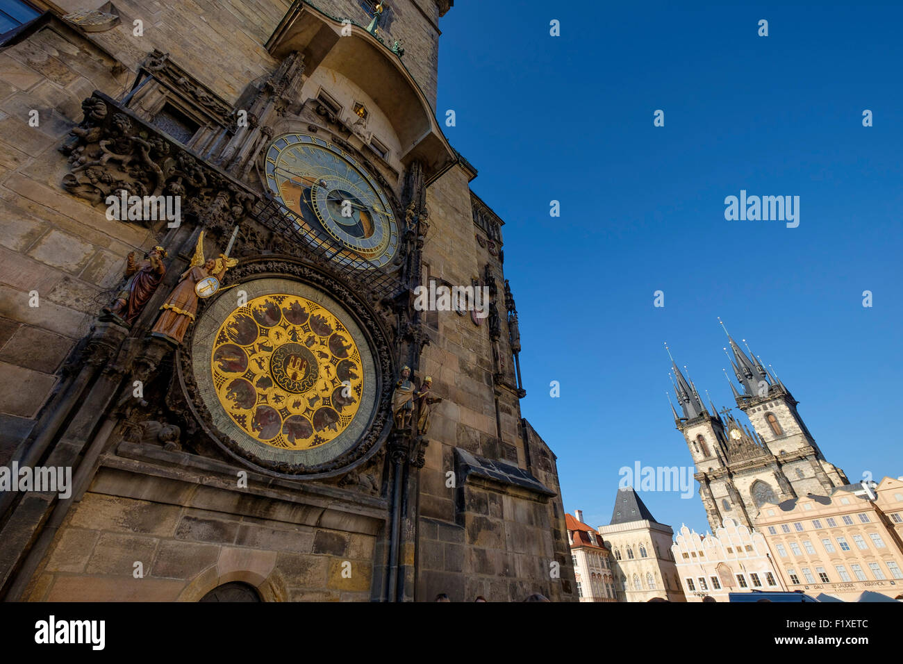Astronomical clock and the Church of Our Lady Before Tyn in the Old Town square, Prague, Czech Republic, Europe Stock Photo