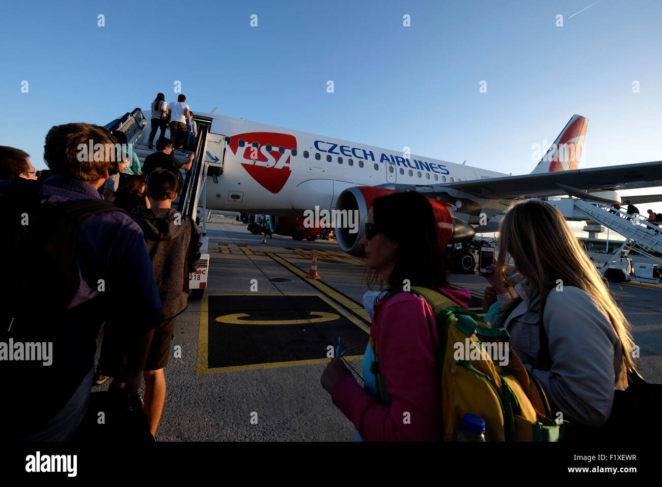 Passengers boarding a Czech Airlines airplane Stock Photo