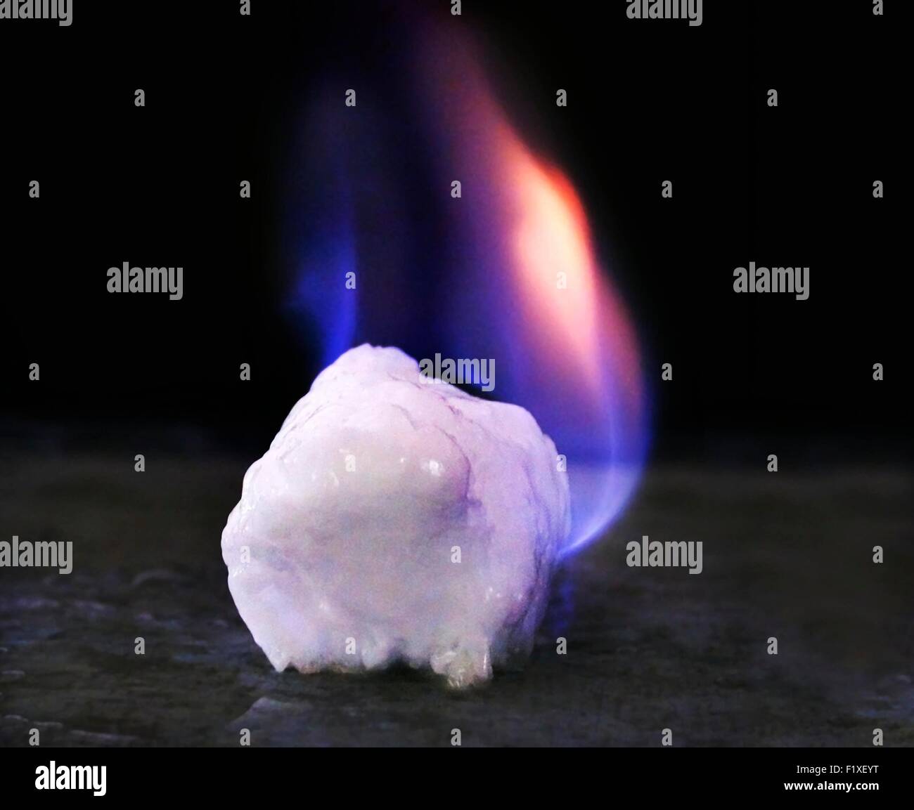 A burning chunk of methane hydrate believed to be the future of energy. Methane hydrate is found in large quantities below permafrost and the oceans around the world. Stock Photo