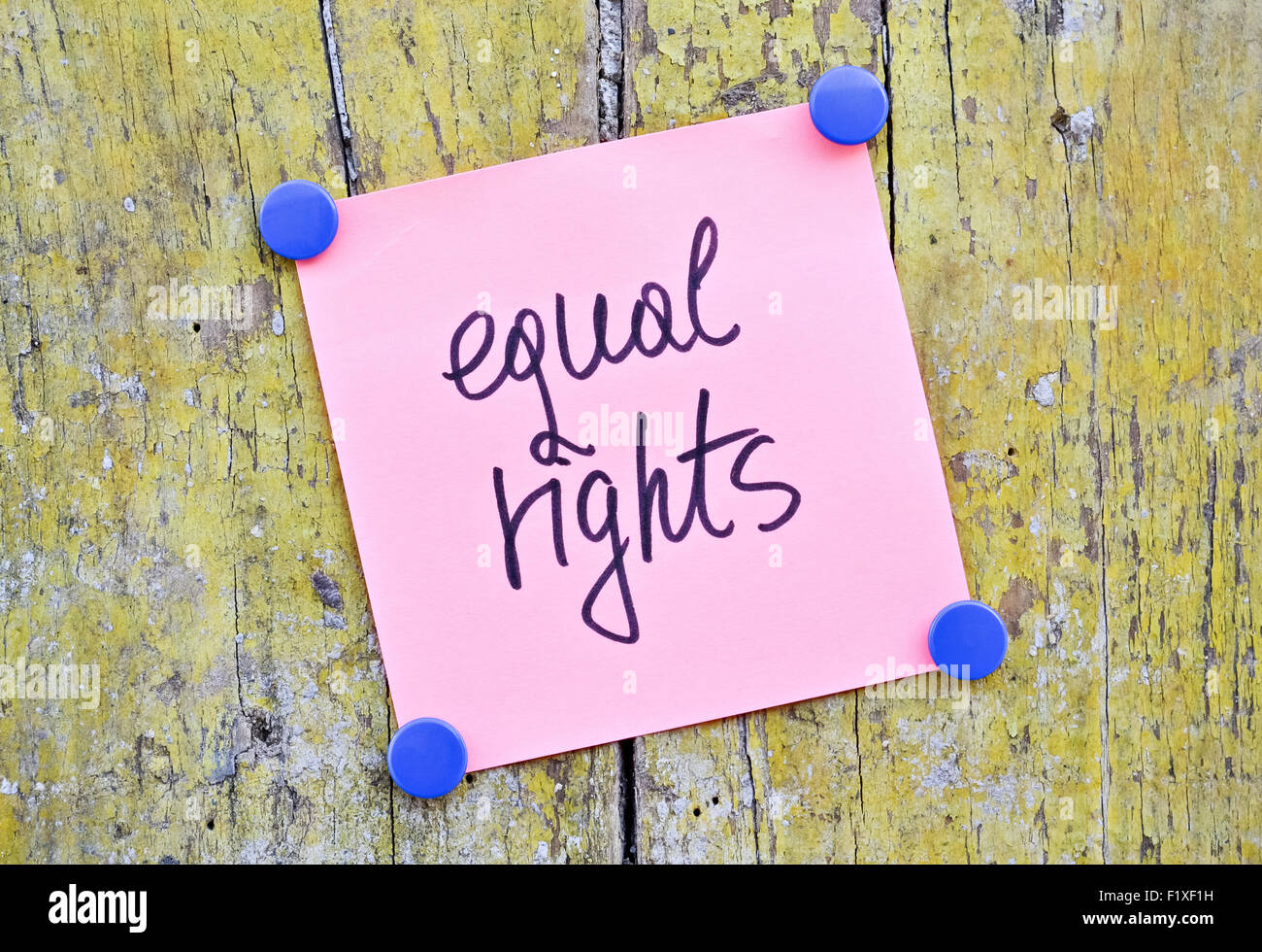 Pink sticker with words Equal Rights on wooden background Stock Photo
