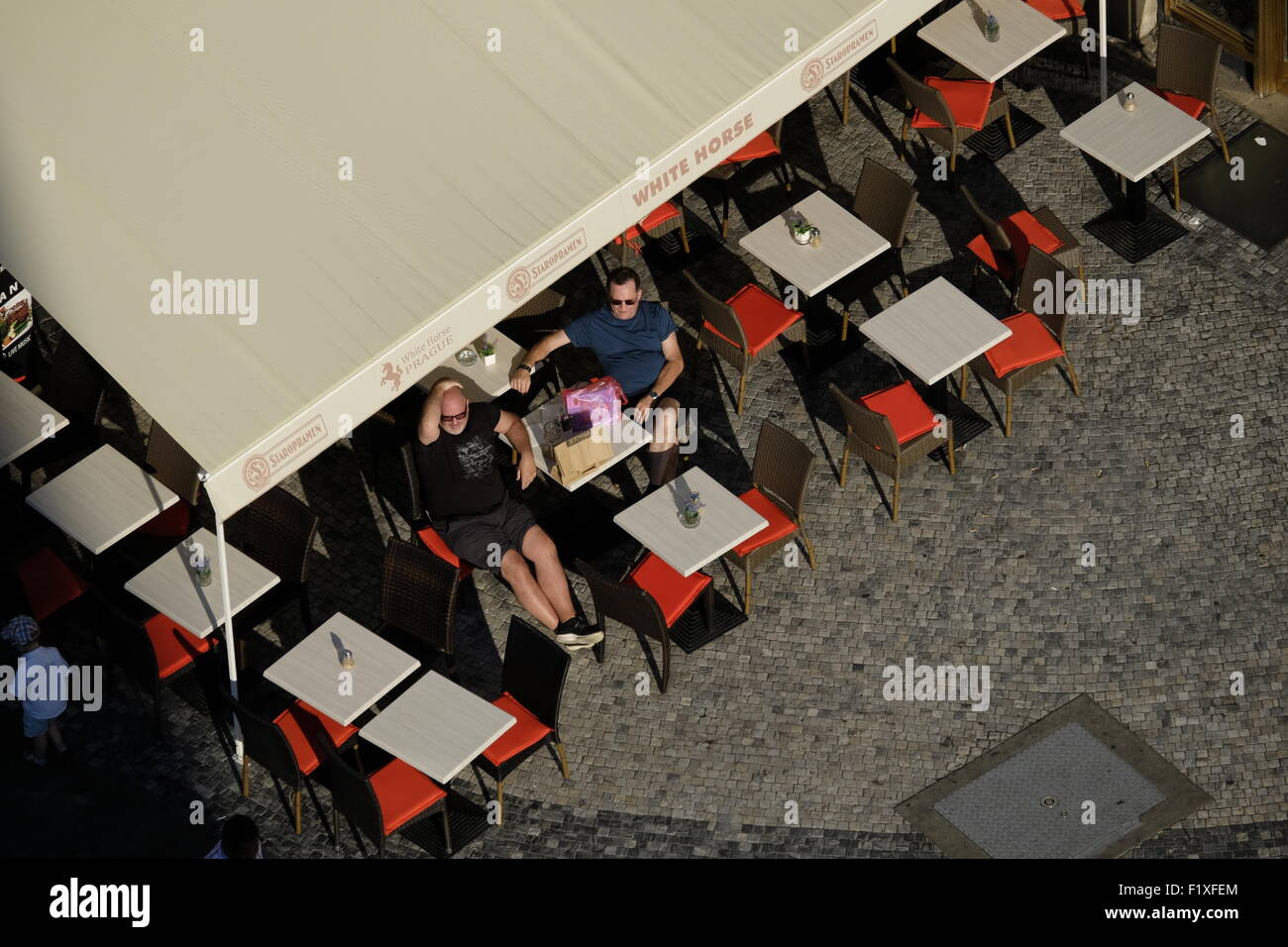 Aerial view of people enjoying the sun at the outdoor White Horse restaurant in Prague, Czech Republic, Europe Stock Photo