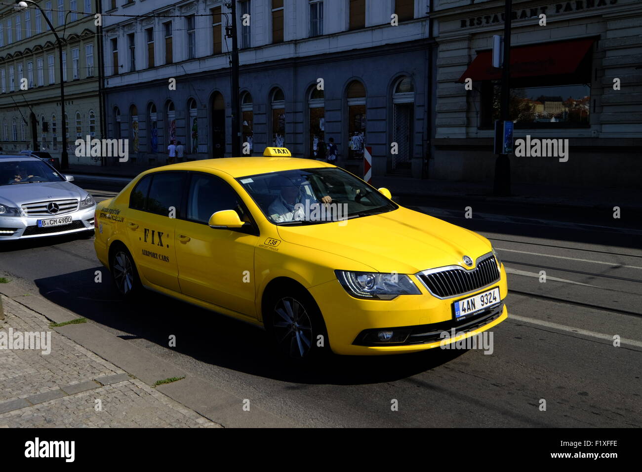 Yellow taxi in Prague, Czech Republic, Europe Stock Photo - Alamy