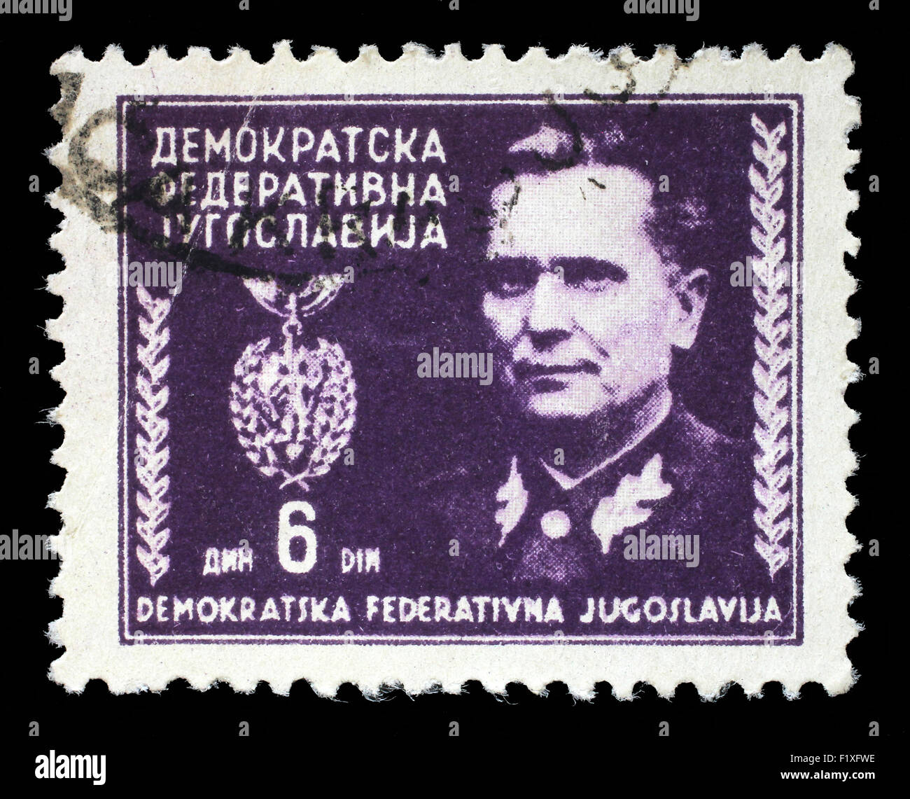 YUGOSLAVIA - CIRCA 1945: A stamp printed in Federal Democratic Republic of Yugoslavia shows Marshal Josip Broz Tito, circa 1945 Stock Photo