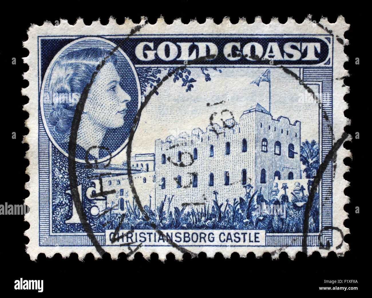 Stamp printed in Ghana shows Christiansborg Castle and queen Elizabeth II, circa 1957 Stock Photo